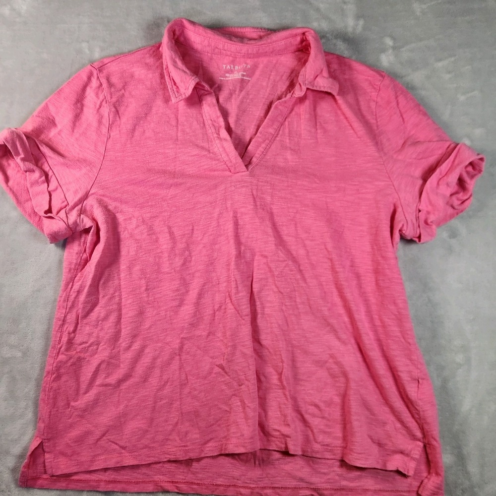 TALBOTS Womens Pink Cotton‎ Knit Polo V Neck  Cuffed Sleeves Shirt  Size XL